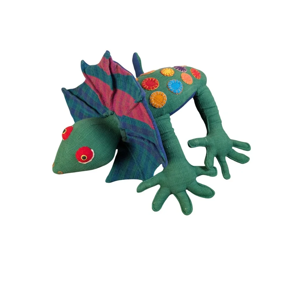 Barbara Sansoni Barefoot Sri Lanka Handwoven Frilled Lizard Plush Green Blue Toy